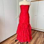1980s JOHN CHARLES Red Strapless Gown Tiered Cocktail Drop Waist Prom Party