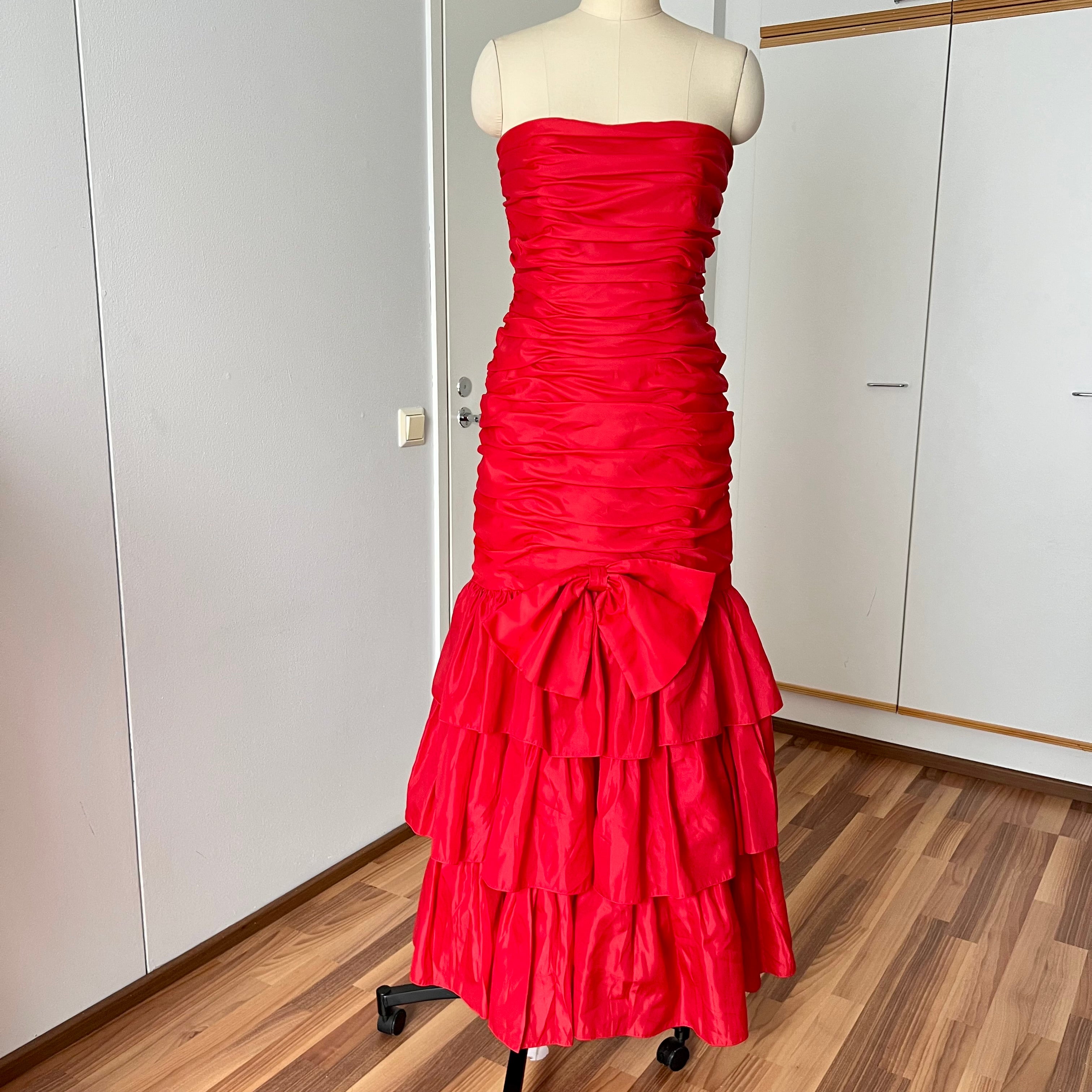 1980s JOHN CHARLES Red Strapless Gown Tiered Cocktail Drop Waist Prom Party
