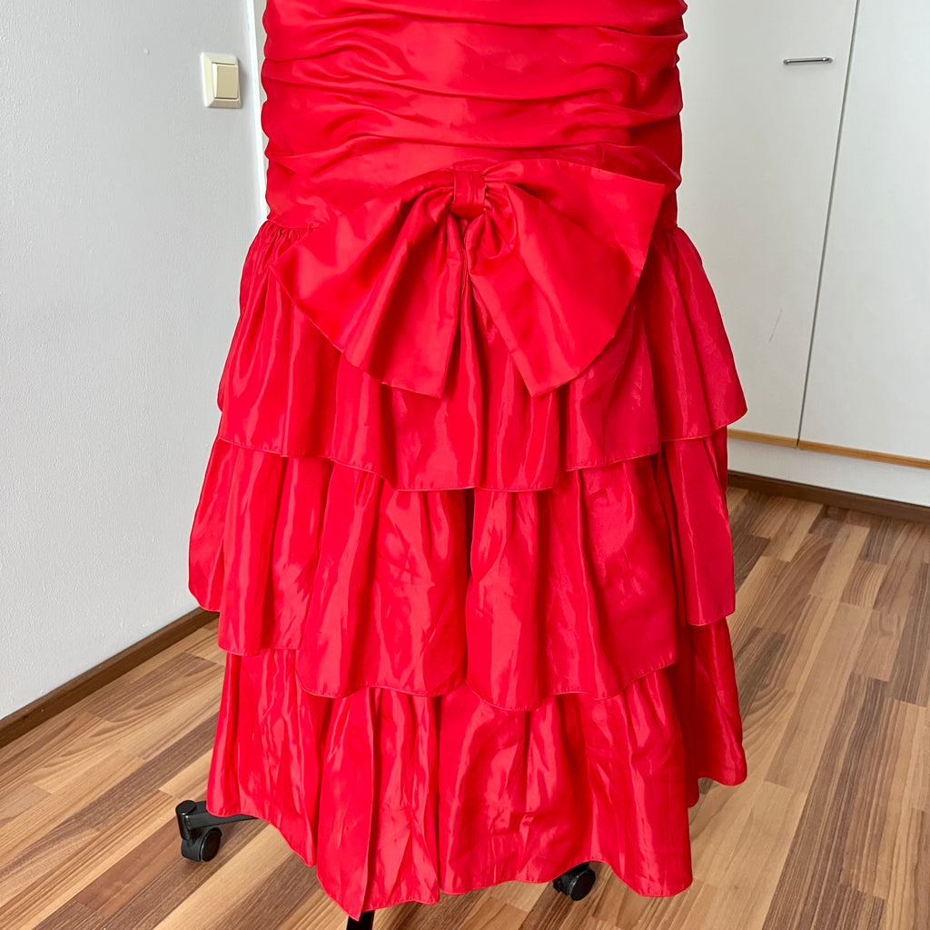 1980s JOHN CHARLES Red Strapless Gown Tiered Cocktail Drop Waist Prom Party