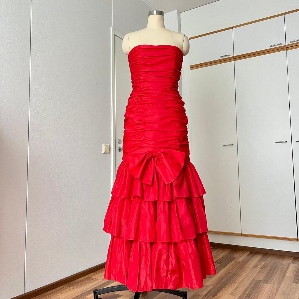 1980s JOHN CHARLES Red Strapless Gown-Tiered Cocktail Evening Dress-Drop Waist Prom Party 