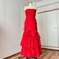 1980s JOHN CHARLES Red Strapless Gown-Tiered Cocktail Evening Dress-Drop Waist Prom Party 