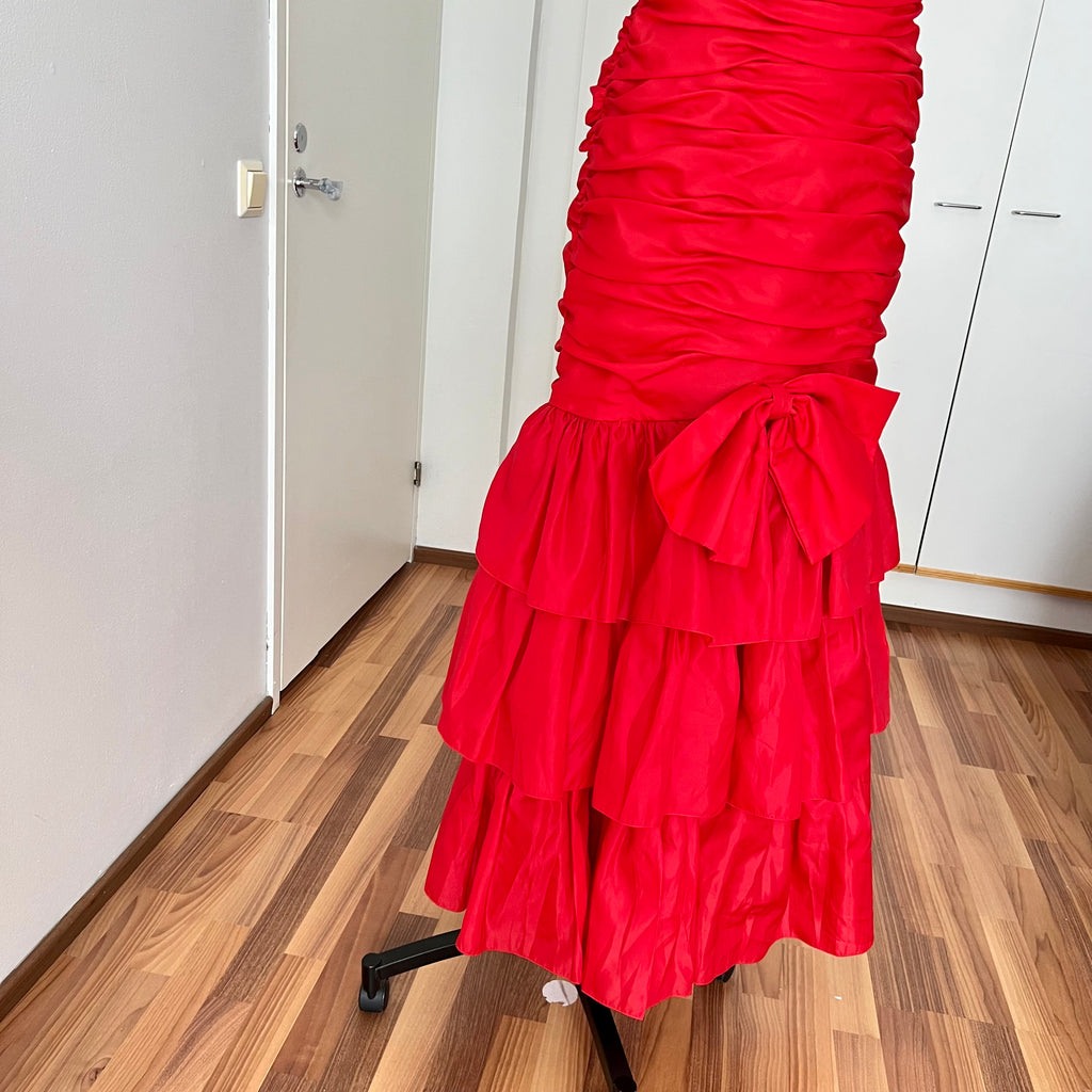 1980s JOHN CHARLES Red Strapless Gown Tiered Cocktail Drop Waist Prom Party