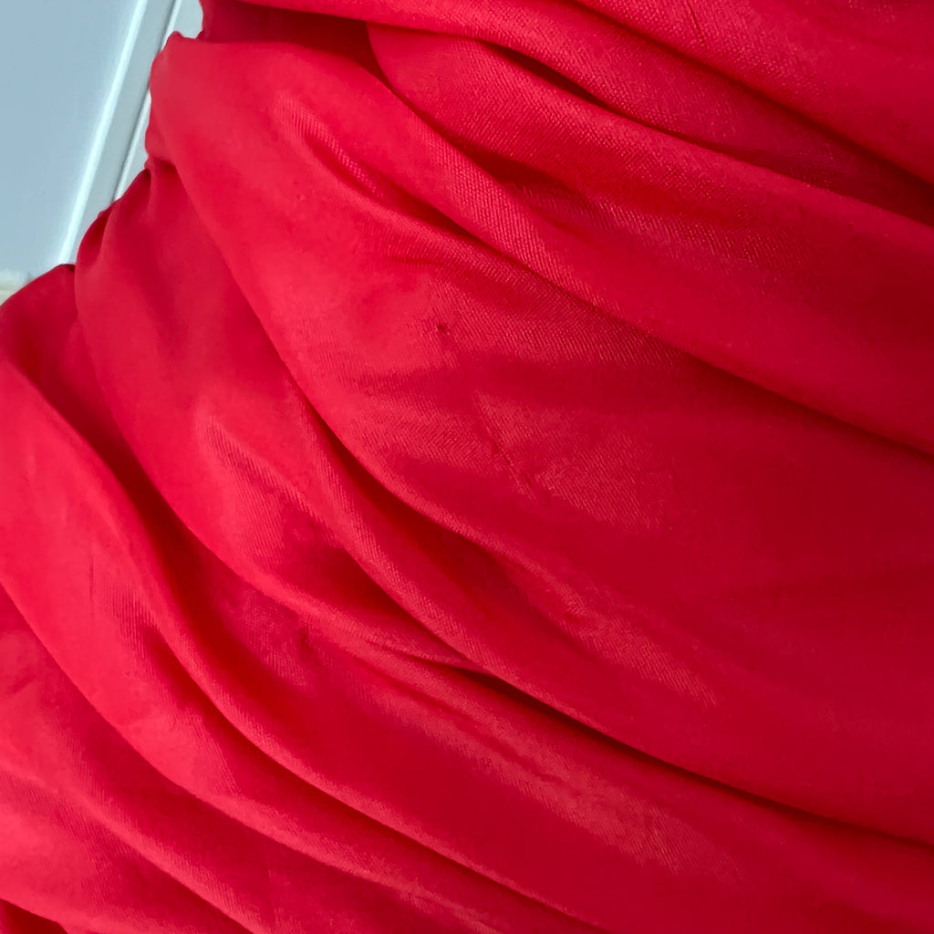 1980s JOHN CHARLES Red Strapless Gown Tiered Cocktail Drop Waist Prom Party