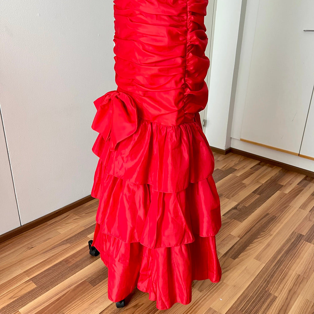 1980s JOHN CHARLES Red Strapless Gown Tiered Cocktail Drop Waist Prom Party