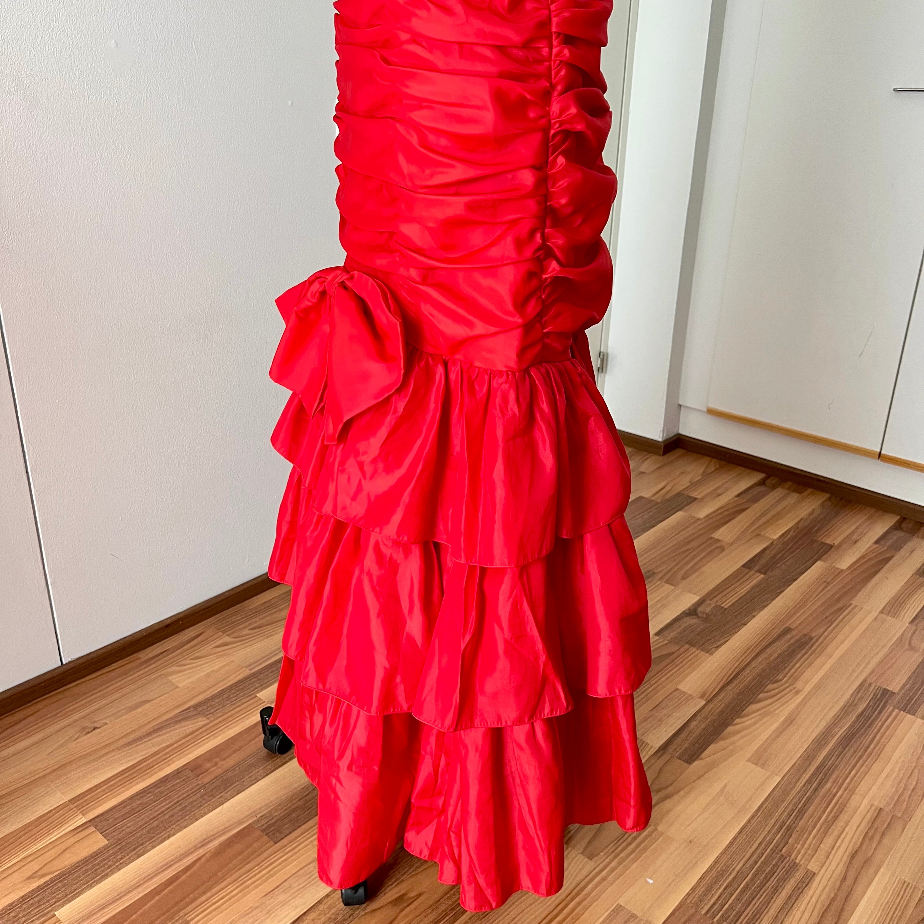 1980s JOHN CHARLES Red Strapless Gown Tiered Cocktail Drop Waist Prom Party