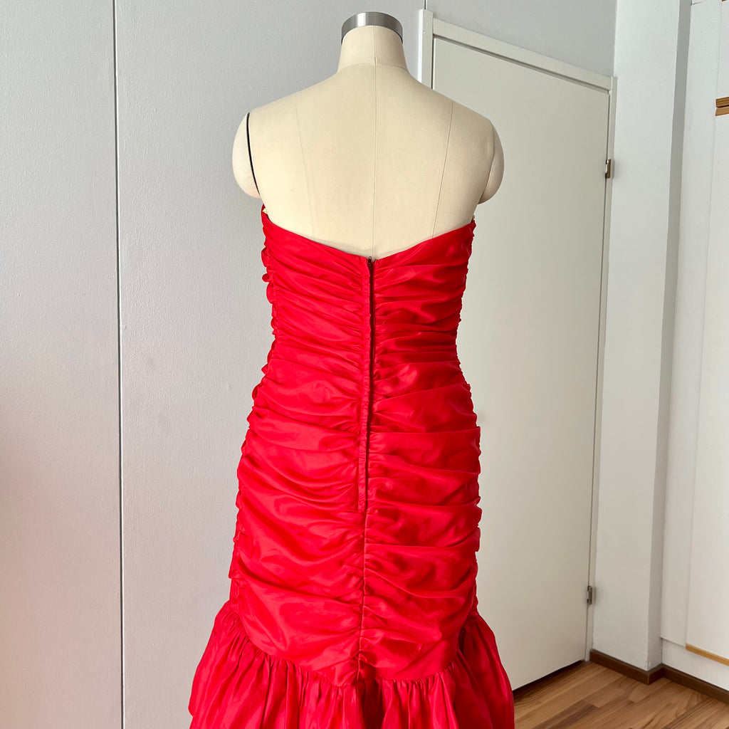 1980s JOHN CHARLES Red Strapless Gown Tiered Cocktail Drop Waist Prom Party