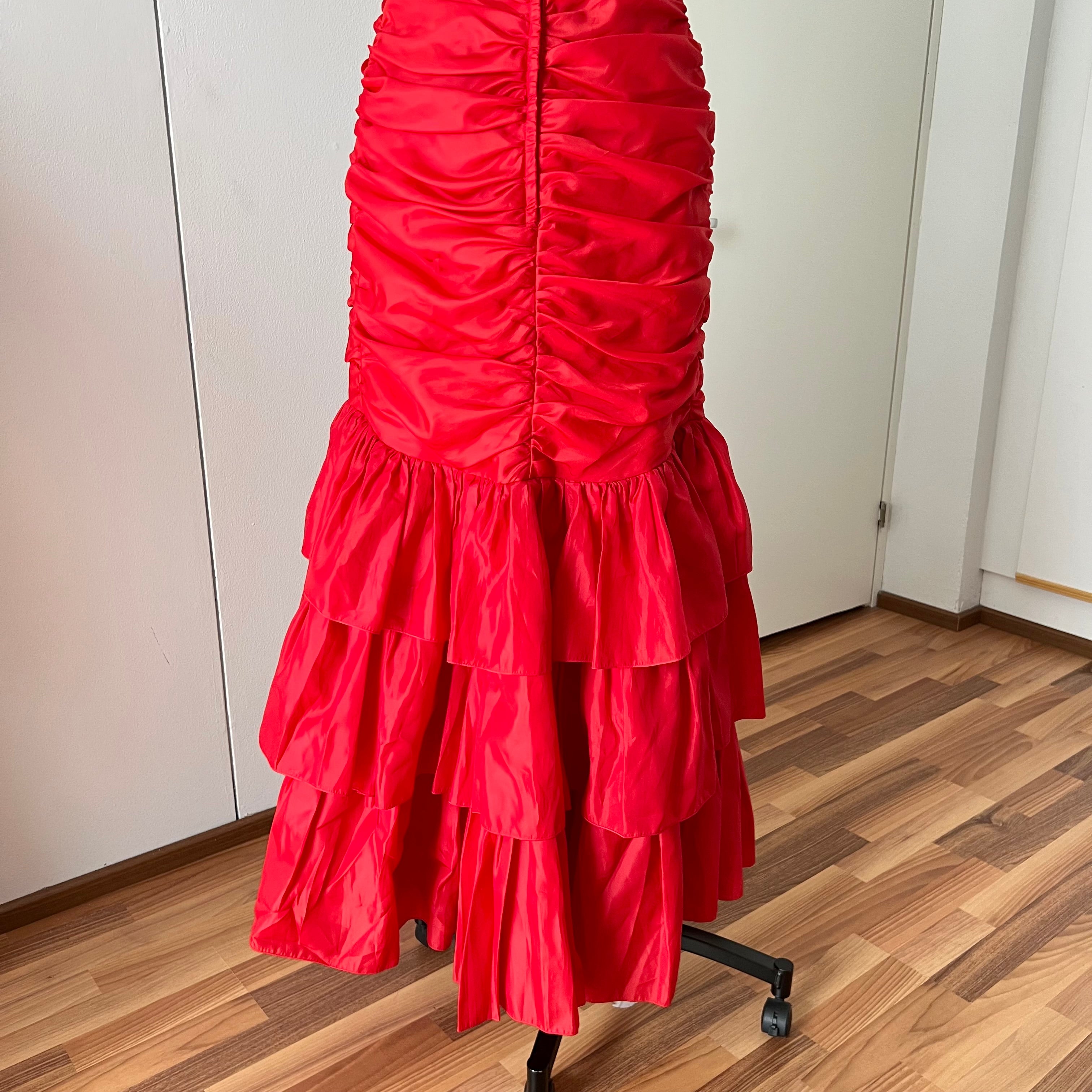 1980s JOHN CHARLES Red Strapless Gown Tiered Cocktail Drop Waist Prom Party