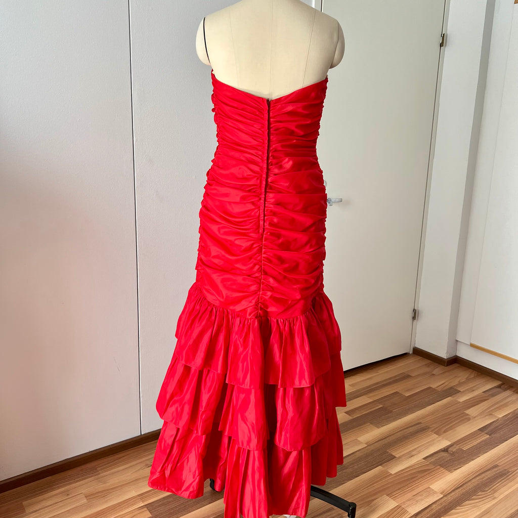 1980s JOHN CHARLES Red Strapless Gown Tiered Cocktail Drop Waist Prom Party
