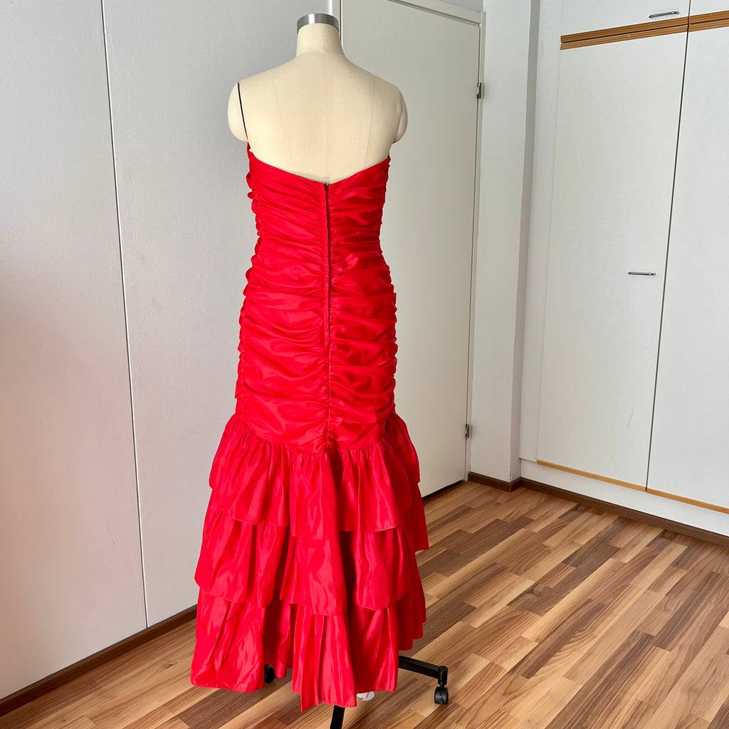 1980s JOHN CHARLES Red Strapless Gown Tiered Cocktail Drop Waist Prom Party