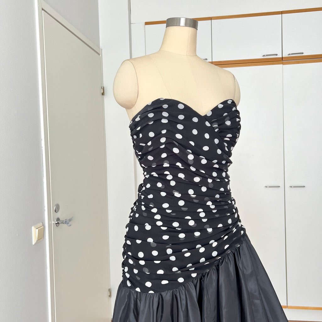1980s Strapless Polka Dot Dress West Germany Asymmetrical Cocktail Party Gown EU 40