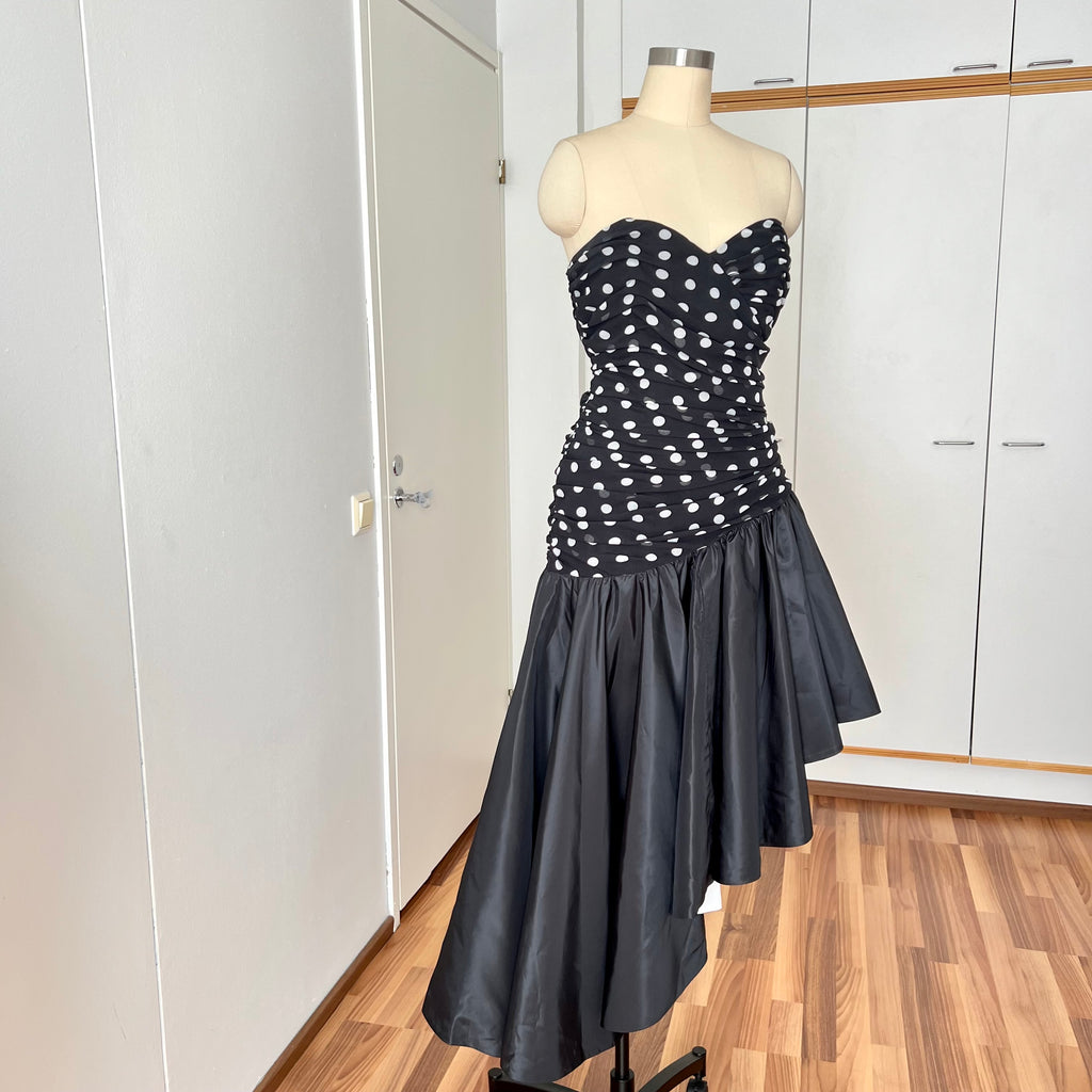 1980s Strapless Polka Dot Dress West Germany Asymmetrical Cocktail Party Gown EU 40