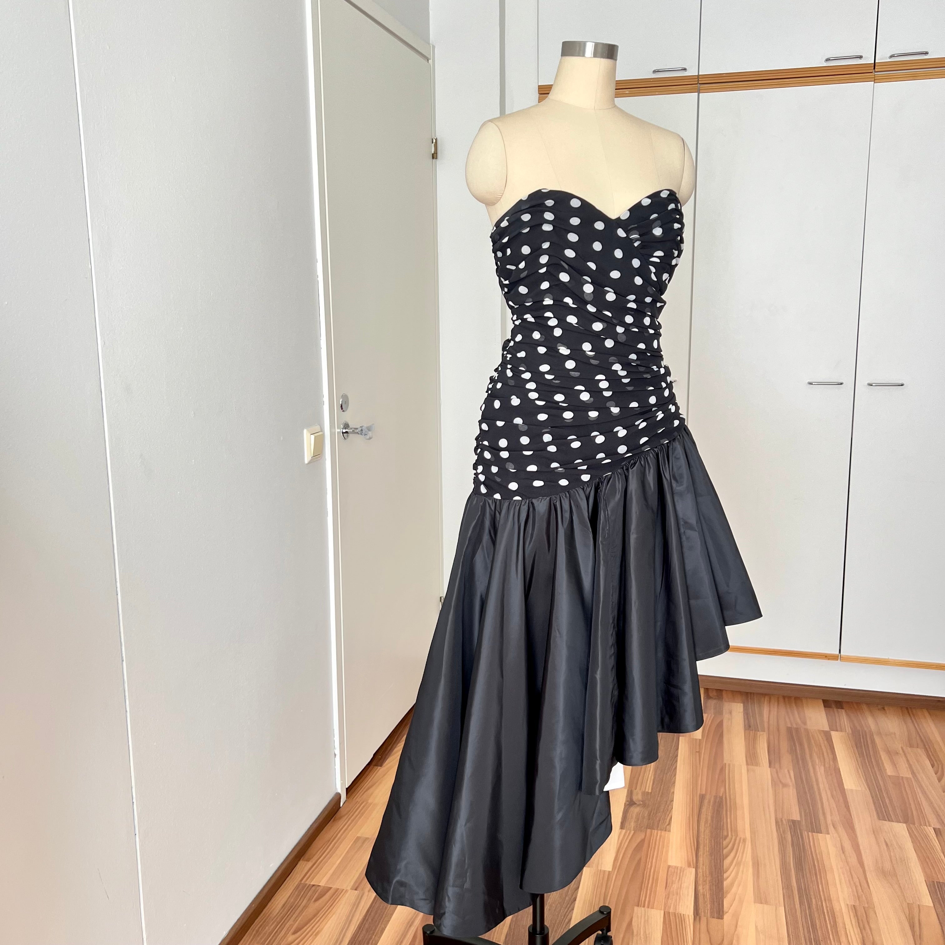 1980s Strapless Polka Dot Dress West Germany Asymmetrical Cocktail Party Gown EU 40