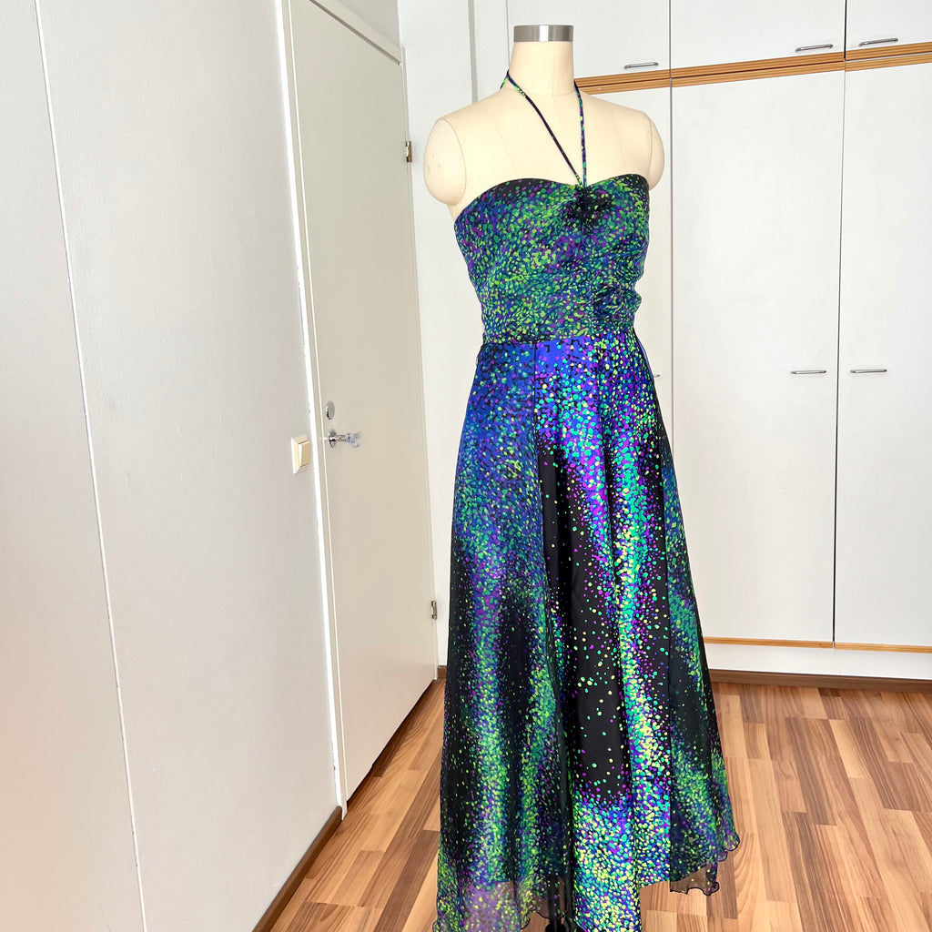 70s 80s VERA MONT Halter Neck Maxi Dress Floor Length Backless Cocktail Party Dress