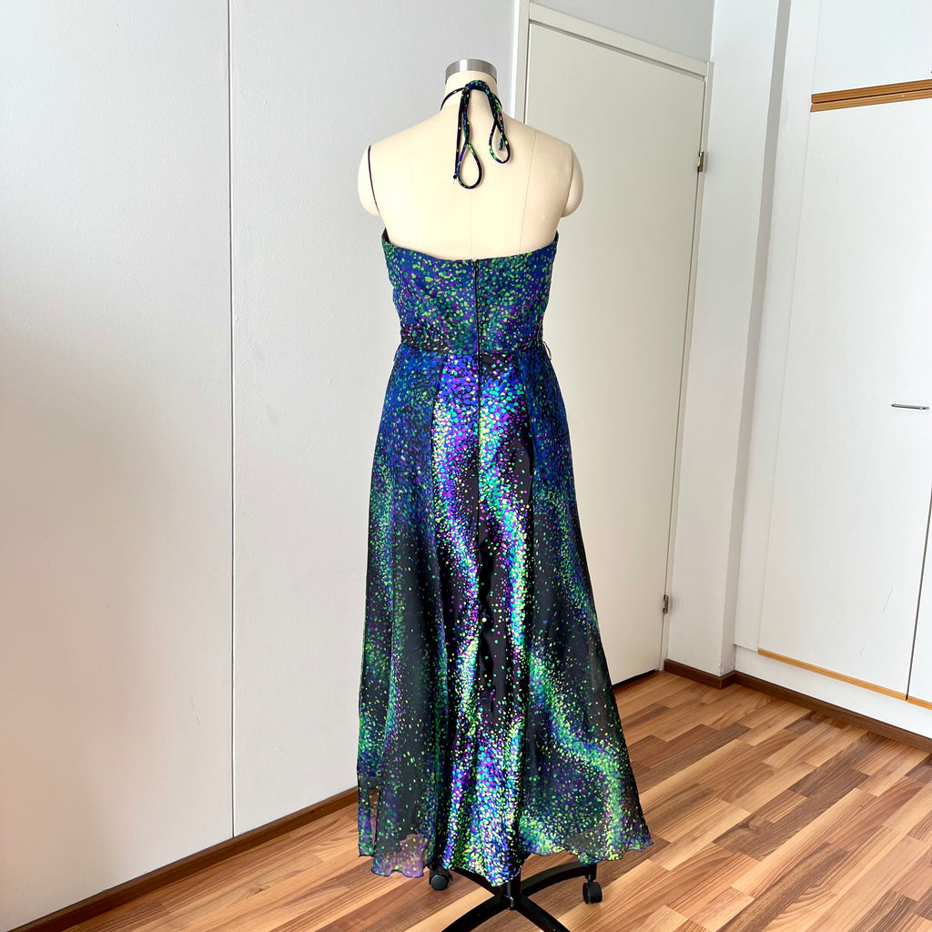 70s 80s VERA MONT Halter Neck Maxi Dress Floor Length Backless Cocktail Party Dress