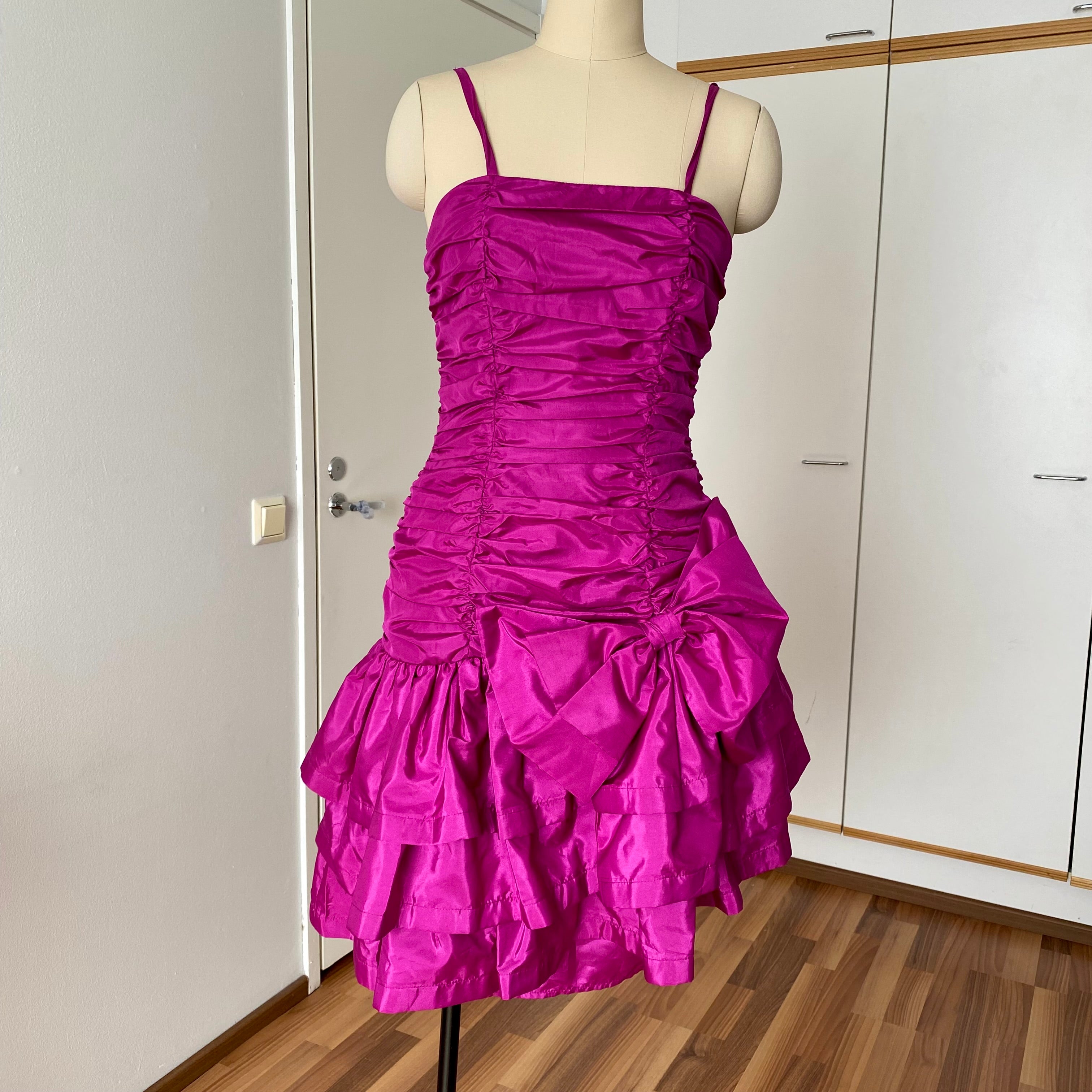 80s Vintage YESSICA Ruffle Party Dress-Spaghetti Straps Ruched Prom Gown