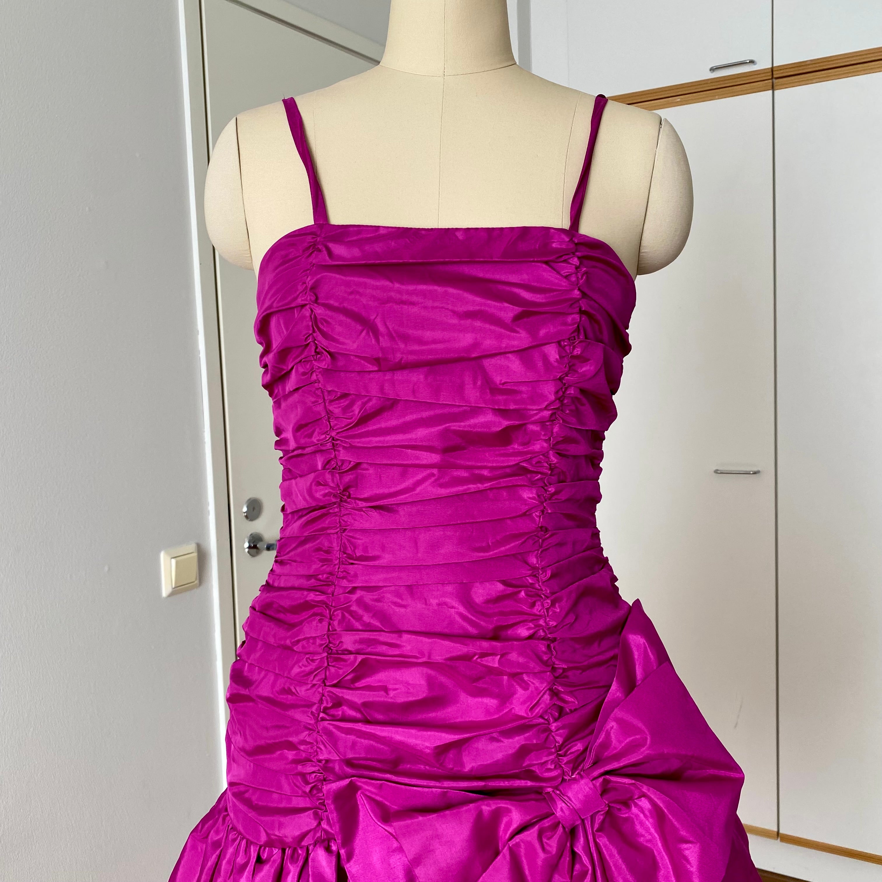 80s Vintage YESSICA Ruffle Party Dress-Spaghetti Straps Ruched Prom Gown