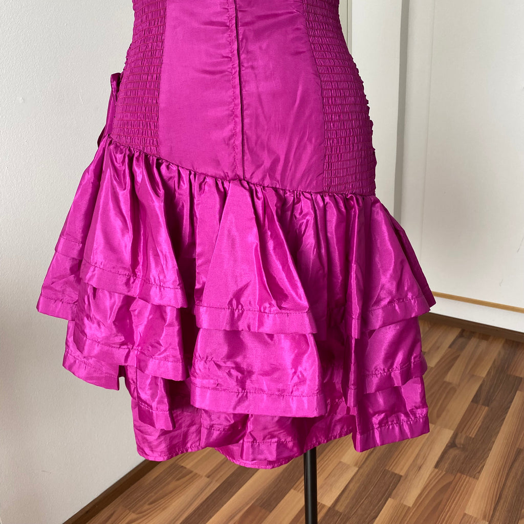 80s Vintage YESSICA Ruffle Party Dress-Spaghetti Straps Ruched Prom Gown