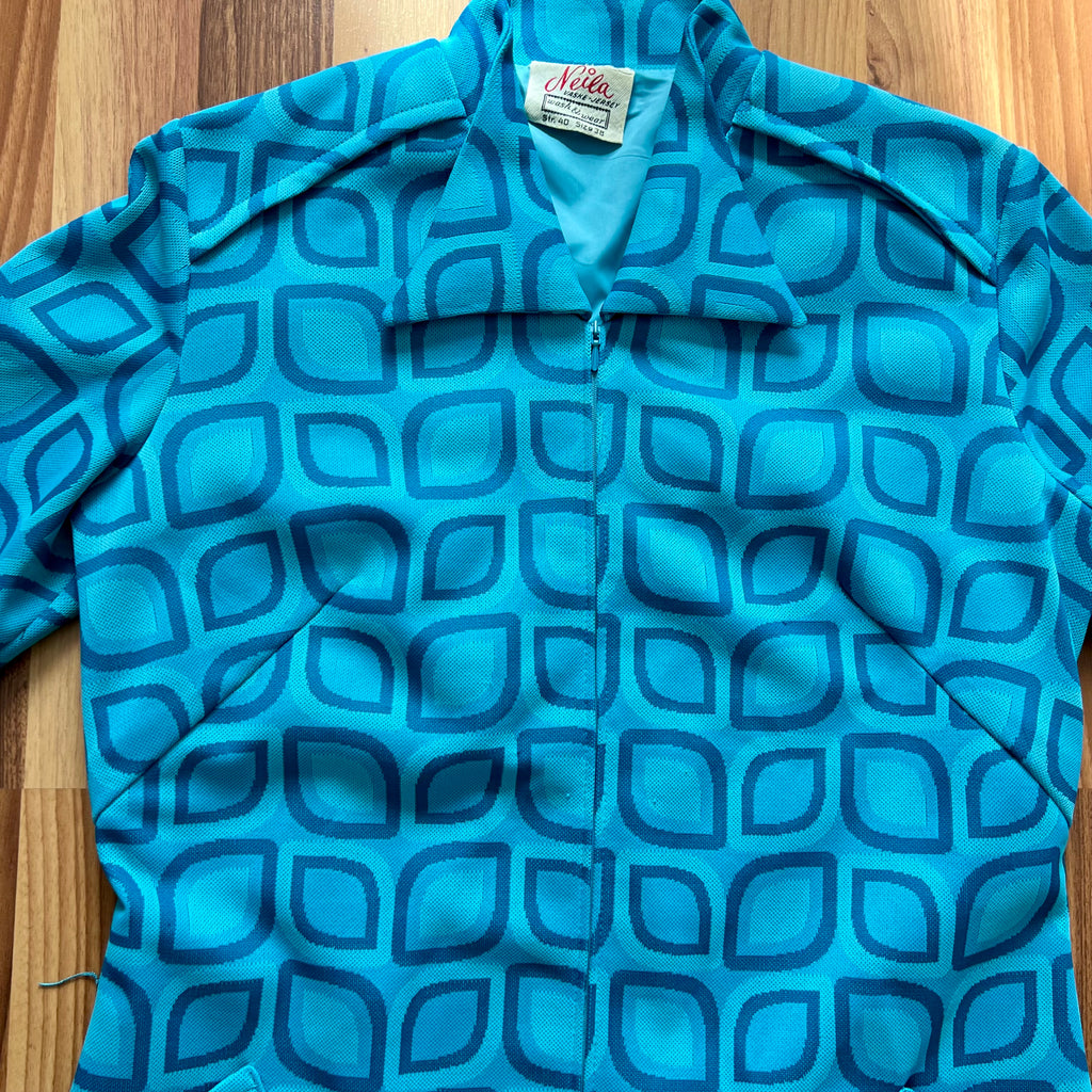 1970s Blue Mod Shift Mini Dress Geometric Print Go Go Twiggy Style Dress Retro EU 38