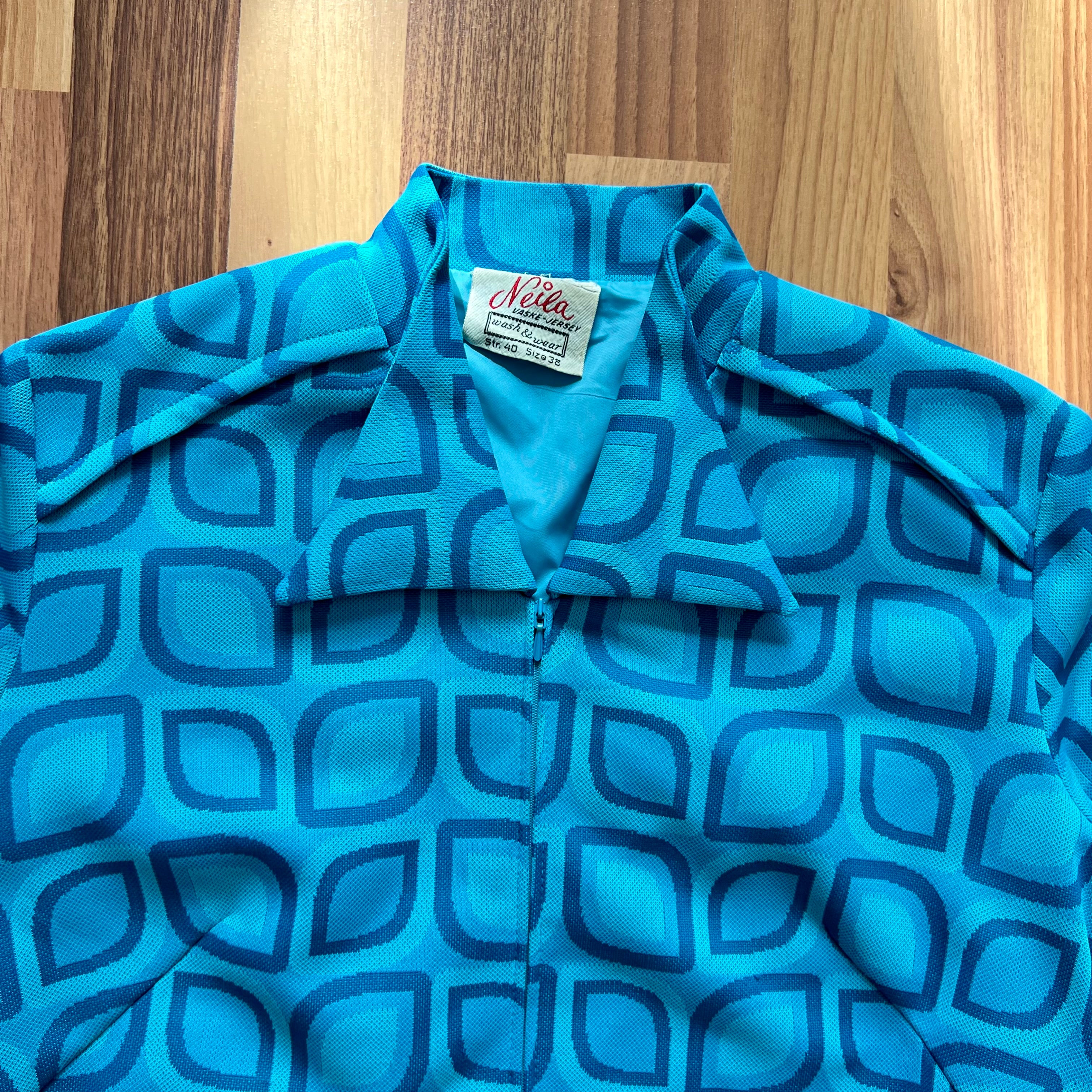 1970s Blue Mod Shift Mini Dress Geometric Print Go Go Twiggy Style Dress Retro EU 38