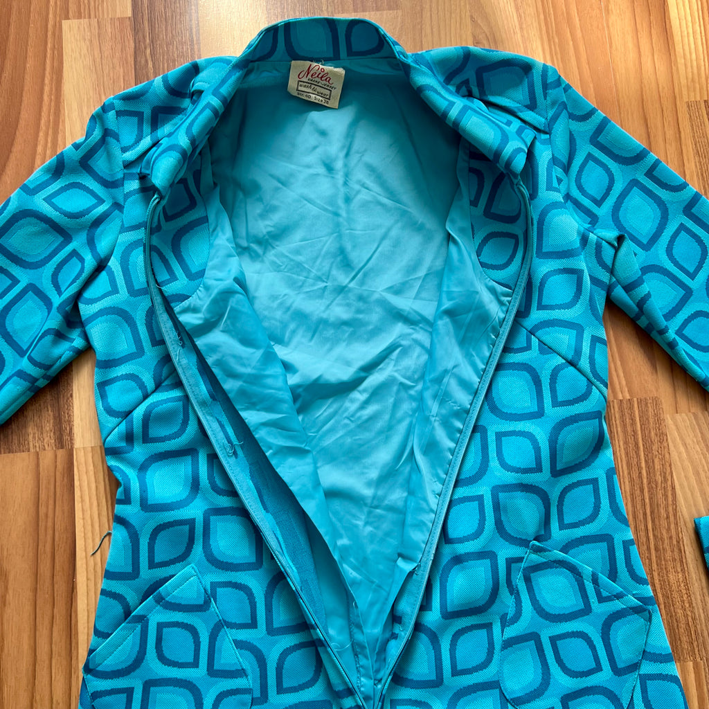 1970s Blue Mod Shift Mini Dress Geometric Print Go Go Twiggy Style Dress Retro EU 38