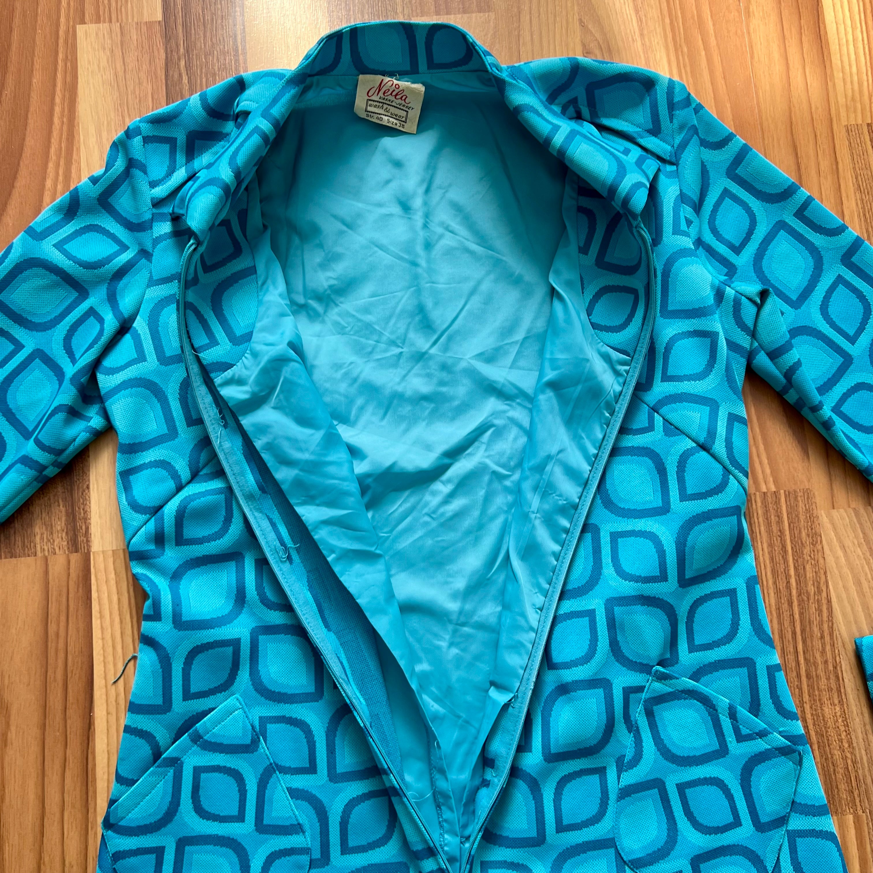 1970s Blue Mod Shift Mini Dress Geometric Print Go Go Twiggy Style Dress Retro EU 38