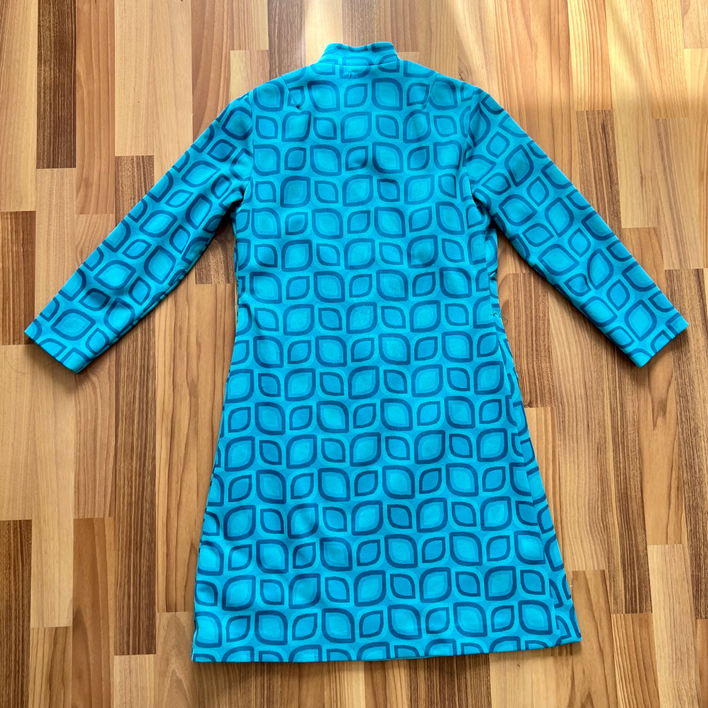 1970s Blue Mod Shift Mini Dress Geometric Print Go Go Twiggy Style Dress Retro EU 38