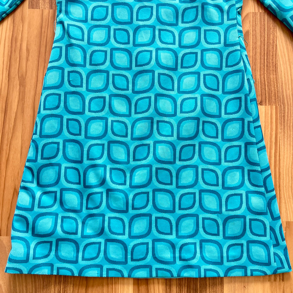 1970s Blue Mod Shift Mini Dress Geometric Print Go Go Twiggy Style Dress Retro EU 38