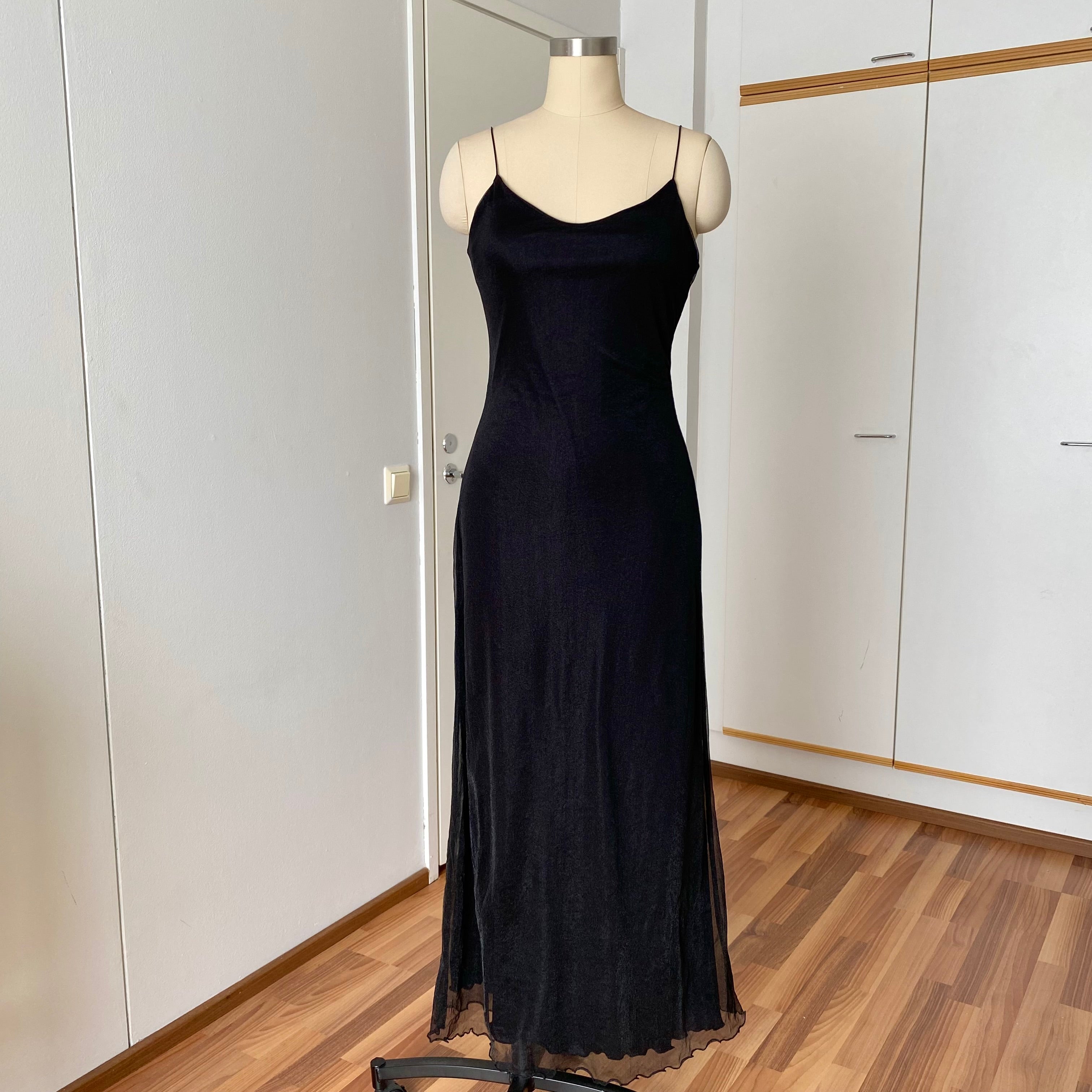 90s Minimalist Black Slip Dress-Y2K Spaghetti Straps Maxi Dress