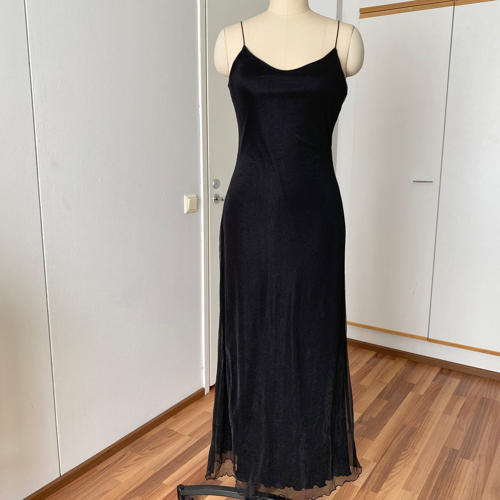 90s Minimalist Black Slip Dress-Y2K Spaghetti Straps Maxi Dress