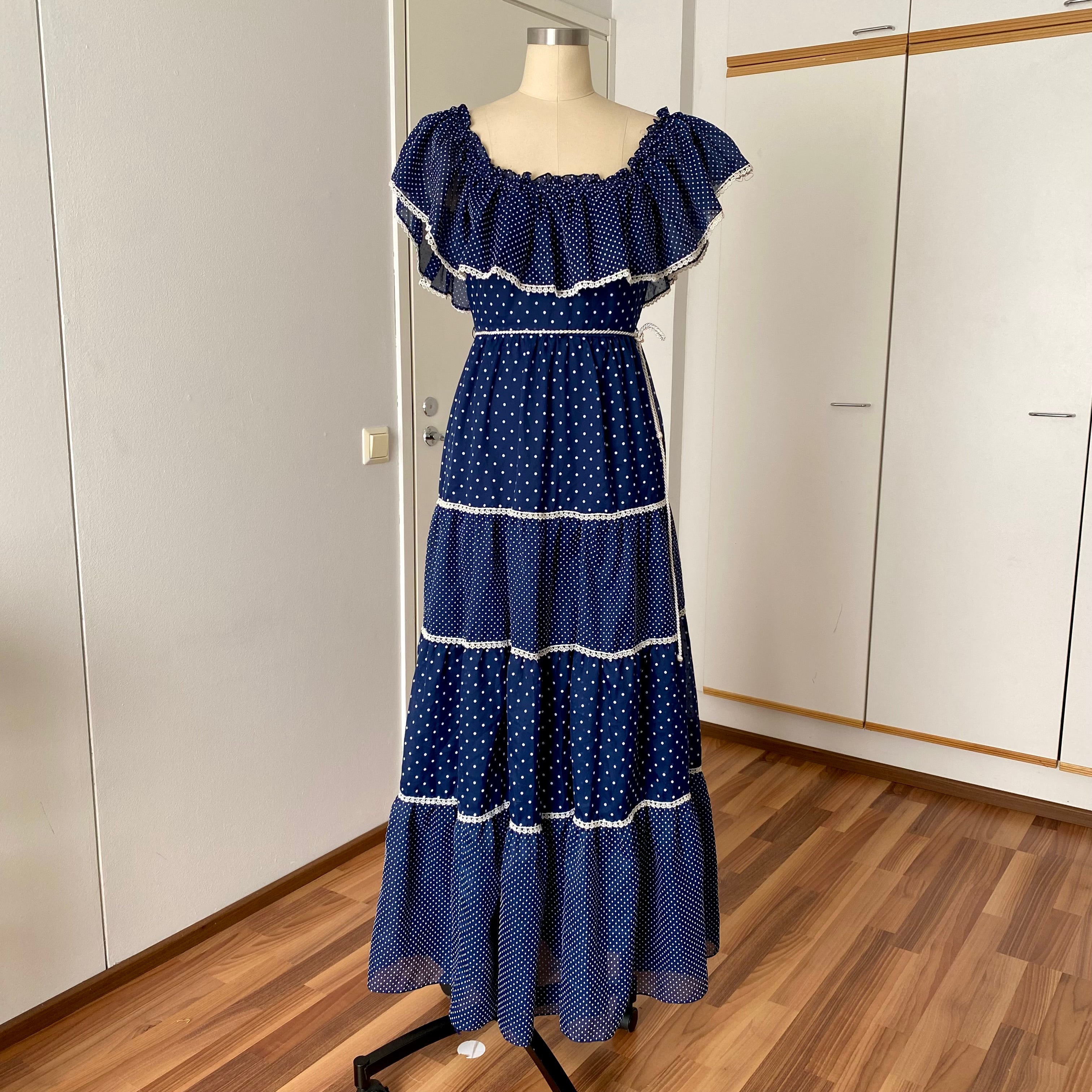 70s Vintage Polka Dot Prairie Maxi Dress-Navy Blue Off Shoulder Cottagecore Peasant Dress
