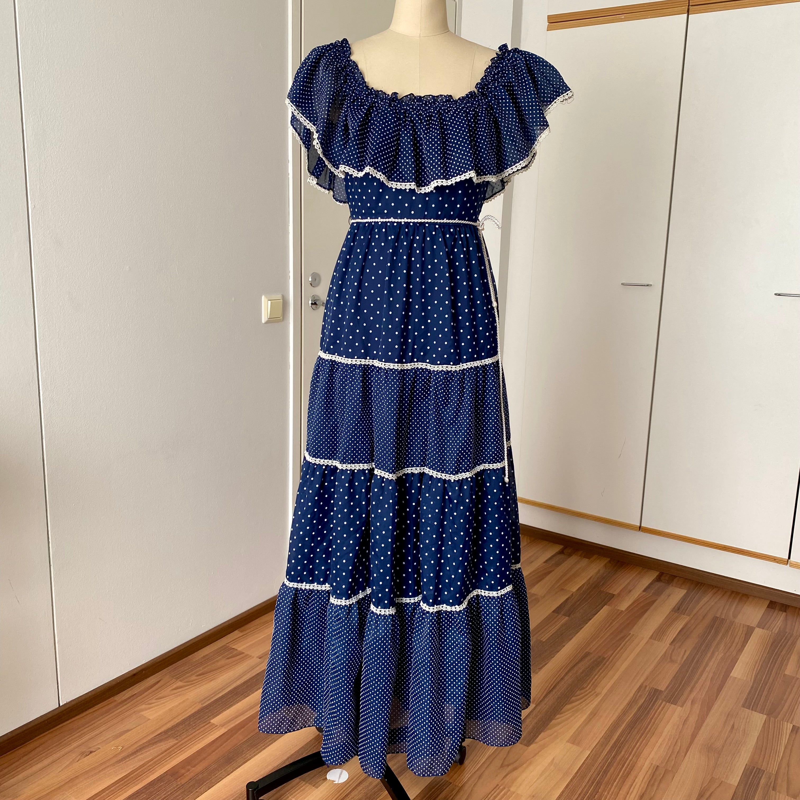 70s Vintage Polka Dot Prairie Maxi Dress-Navy Blue Off Shoulder Cottagecore Peasant Dress
