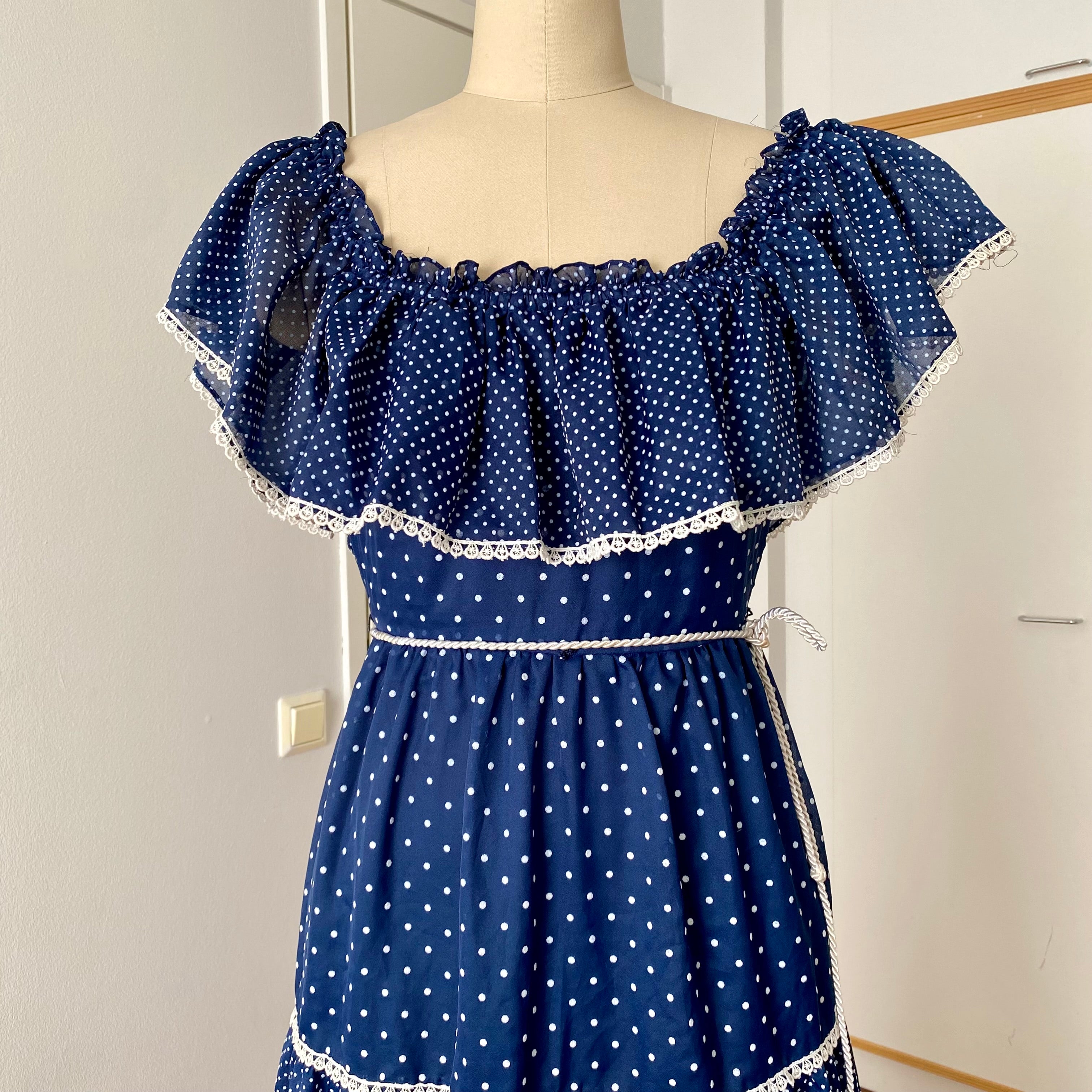 70s Vintage Polka Dot Prairie Maxi Dress-Navy Blue Off Shoulder Cottagecore Peasant Dress