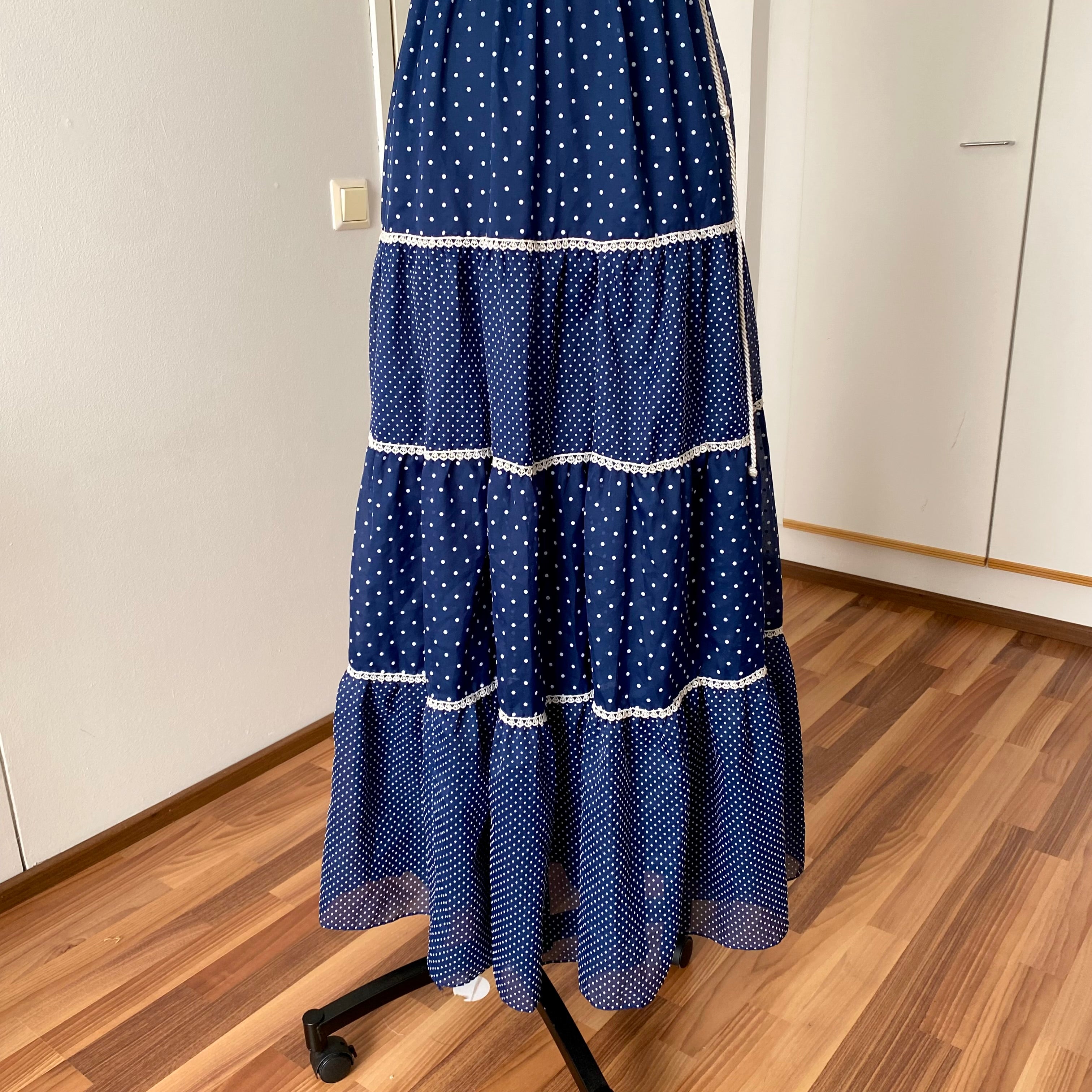 70s Vintage Polka Dot Prairie Maxi Dress-Navy Blue Off Shoulder Cottagecore Peasant Dress