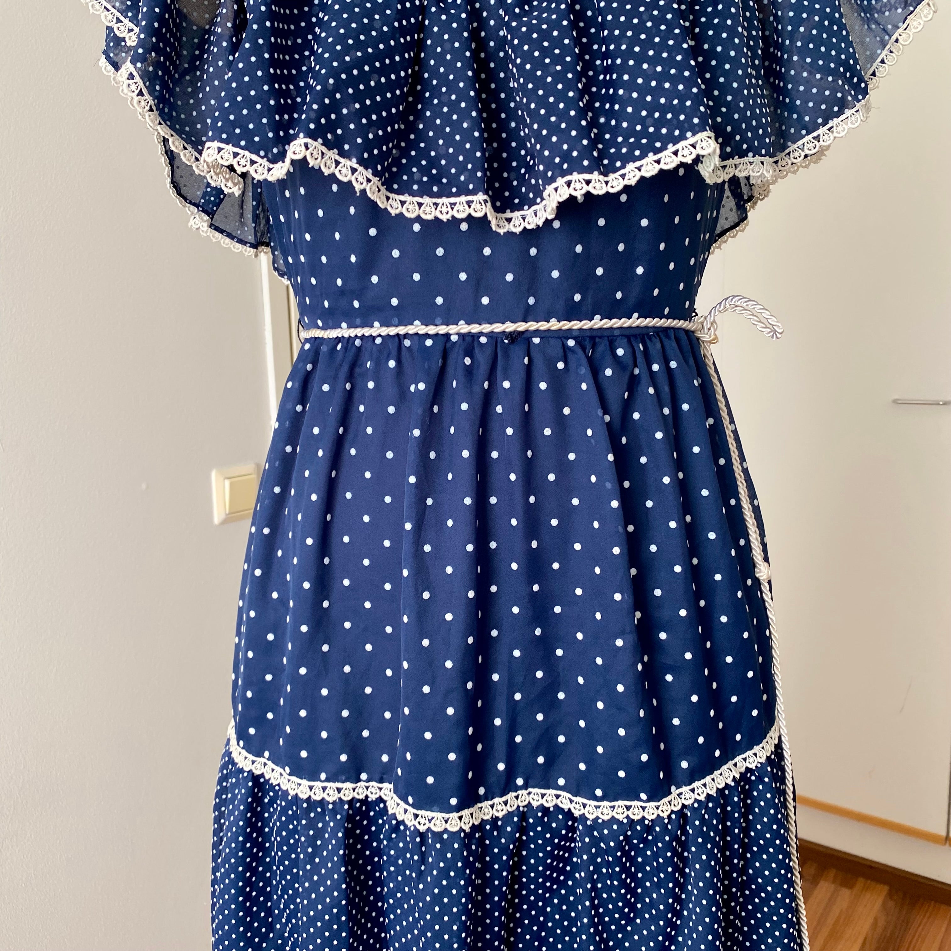 70s Vintage Polka Dot Prairie Maxi Dress-Navy Blue Off Shoulder Cottagecore Peasant Dress