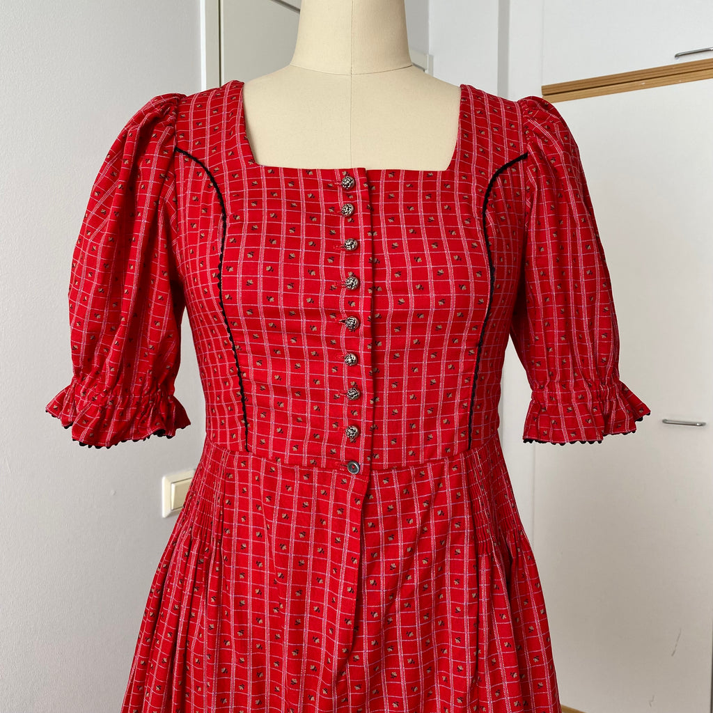 80s Austrian Folk Red Midi Dirndl Dress-Bavarian Oktoberfest Trachten Dress