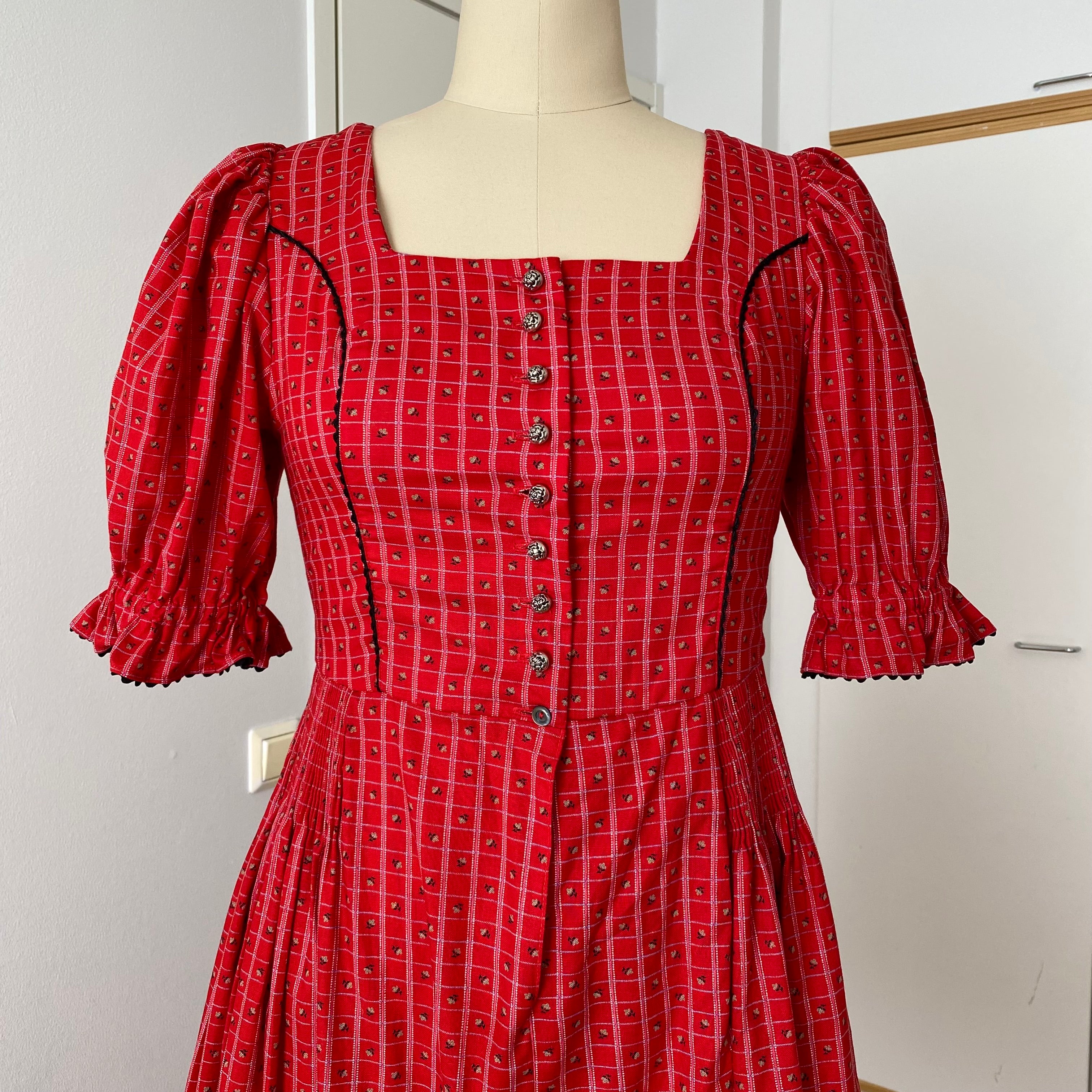 80s Austrian Folk Red Midi Dirndl Dress-Bavarian Oktoberfest Trachten Dress