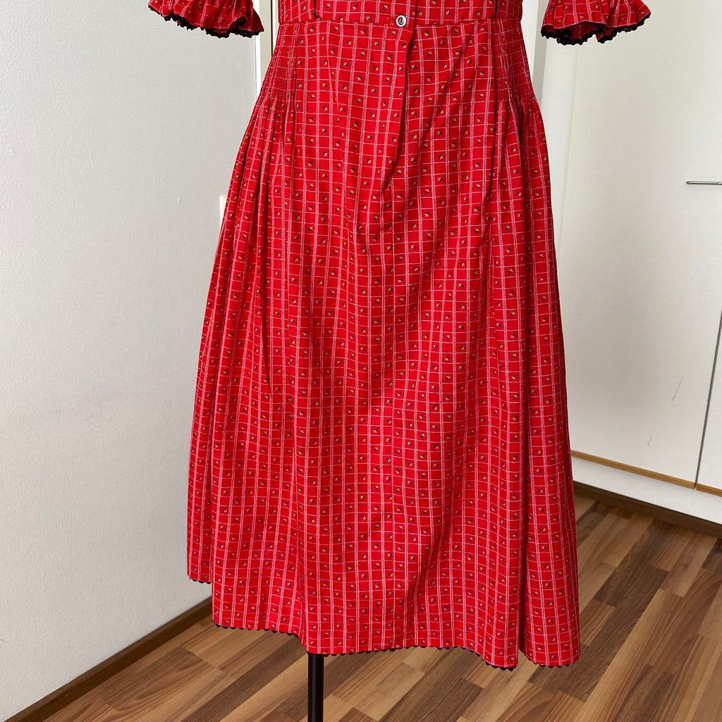 80s Austrian Folk Red Midi Dirndl Dress-Bavarian Oktoberfest Trachten Dress