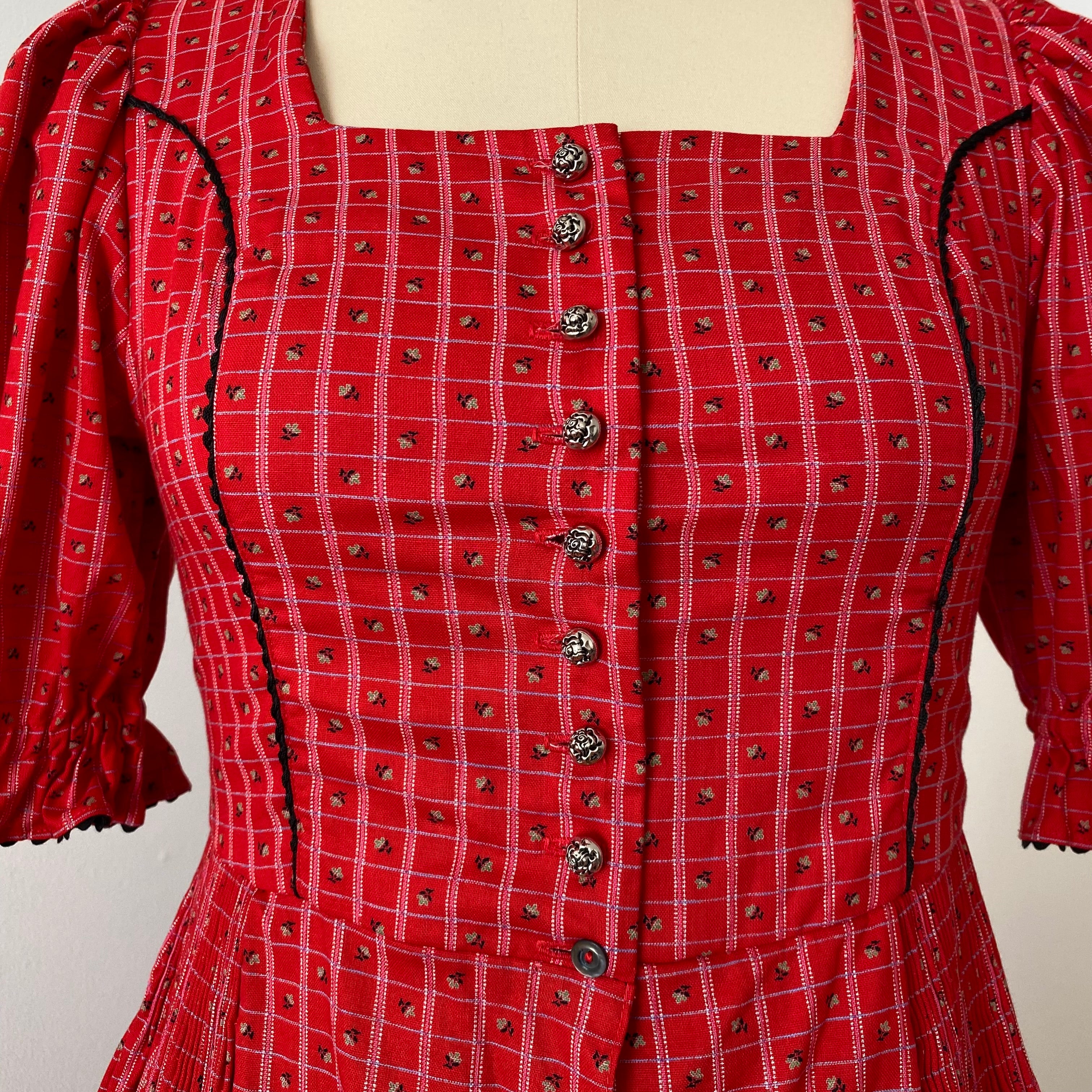 80s Austrian Folk Red Midi Dirndl Dress-Bavarian Oktoberfest Trachten Dress