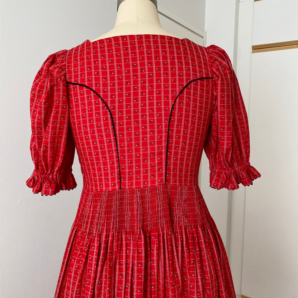80s Austrian Folk Red Midi Dirndl Dress-Bavarian Oktoberfest Trachten Dress