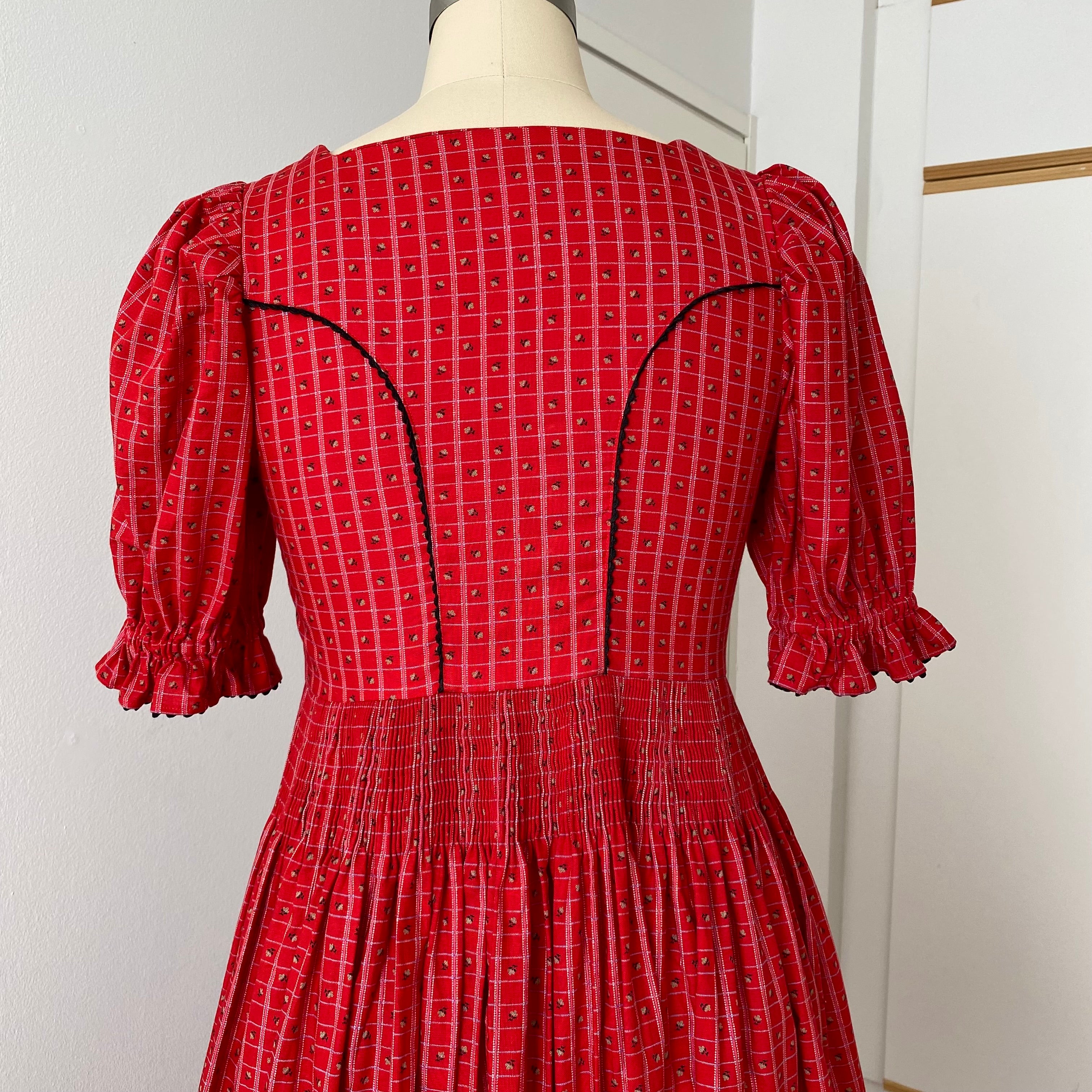 80s Austrian Folk Red Midi Dirndl Dress-Bavarian Oktoberfest Trachten Dress