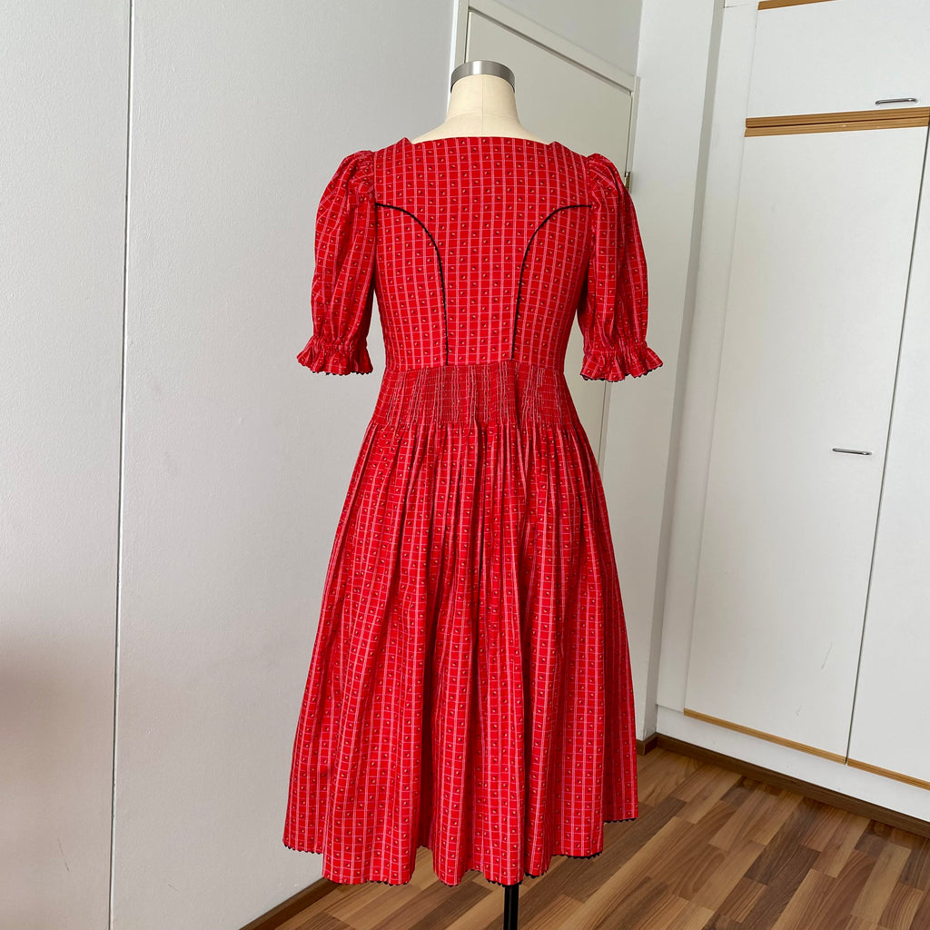 80s Austrian Folk Red Midi Dirndl Dress-Bavarian Oktoberfest Trachten Dress