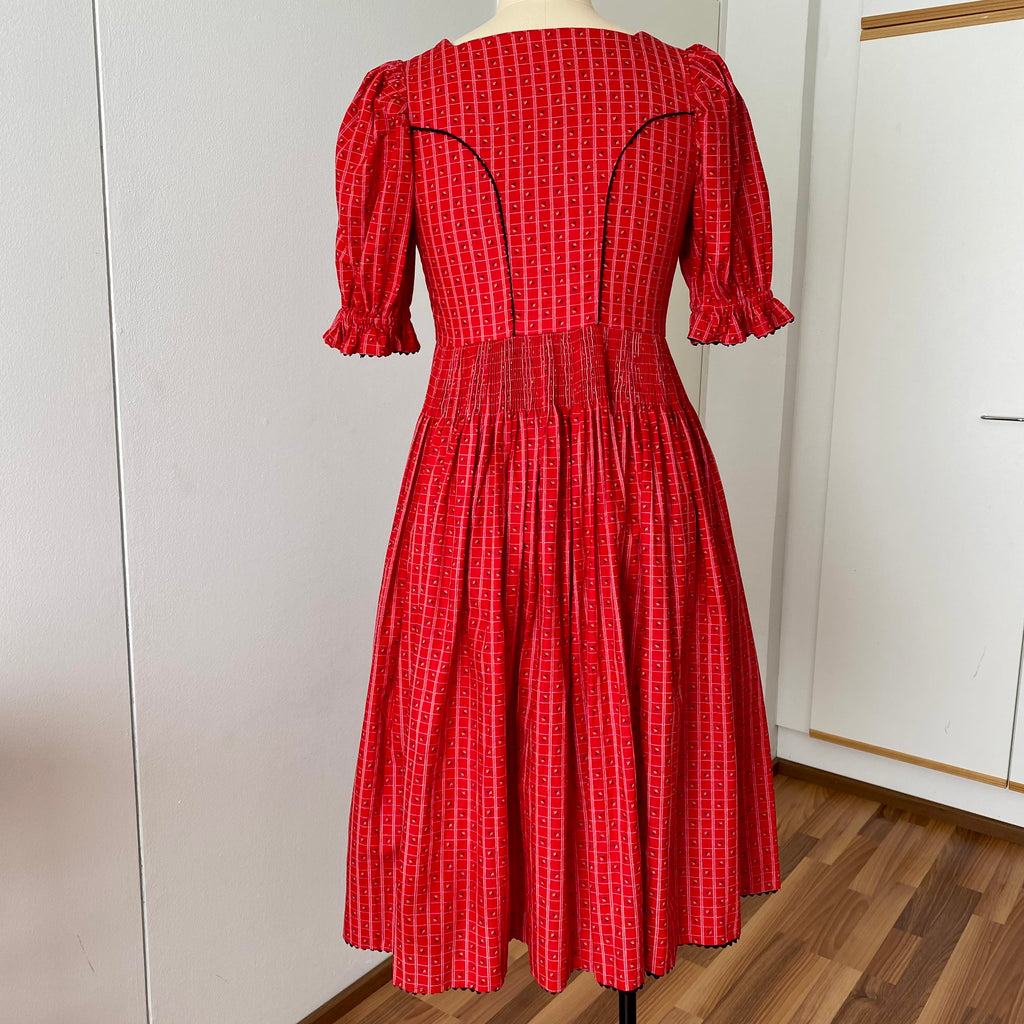 80s Austrian Folk Red Midi Dirndl Dress-Bavarian Oktoberfest Trachten Dress