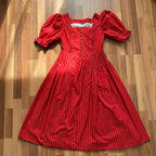 80s Austrian Folk Red Midi Dirndl Dress-Bavarian Oktoberfest Trachten Dress