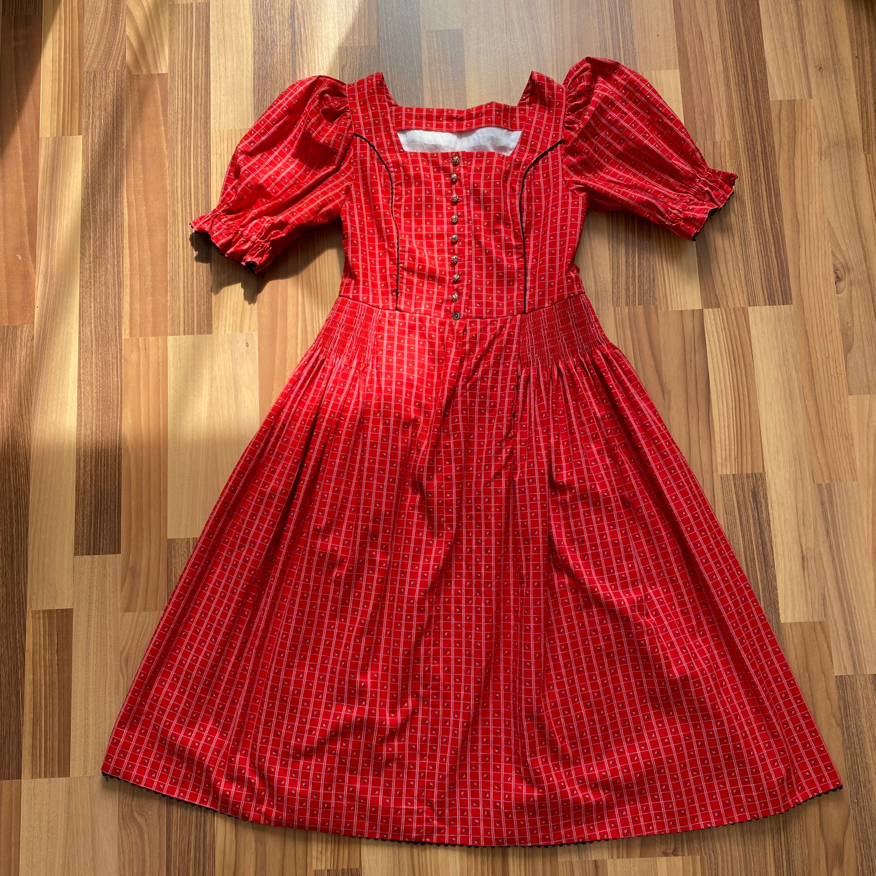 80s Austrian Folk Red Midi Dirndl Dress-Bavarian Oktoberfest Trachten Dress