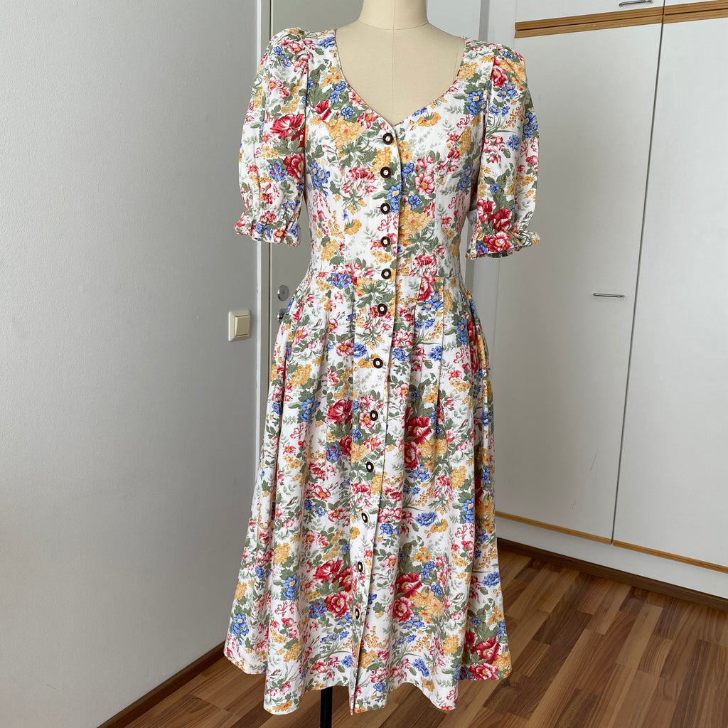 80s ALPHORN Floral Midi Dirndl Dress-Bavarian Puff Sleeves Trachten Dress