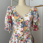 80s ALPHORN Floral Midi Dirndl Dress-Bavarian Puff Sleeves Trachten Dress