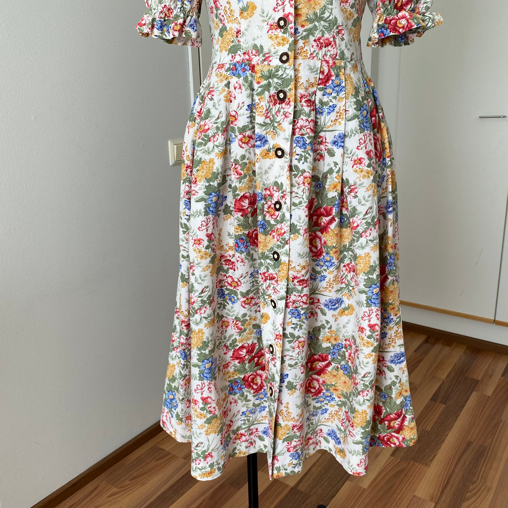 80s ALPHORN Floral Midi Dirndl Dress-Bavarian Puff Sleeves Trachten Dress