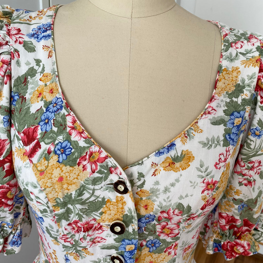 80s ALPHORN Floral Midi Dirndl Dress-Bavarian Puff Sleeves Trachten Dress