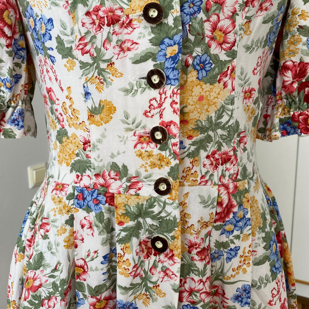 80s ALPHORN Floral Midi Dirndl Dress-Bavarian Puff Sleeves Trachten Dress