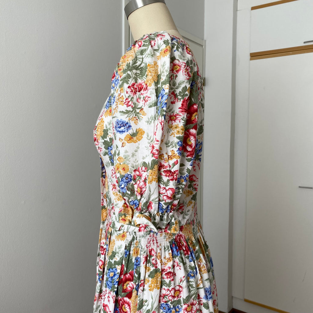 80s ALPHORN Floral Midi Dirndl Dress-Bavarian Puff Sleeves Trachten Dress